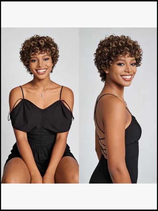 Short Curly Pixie Cut Wig with Bangs 100% Human Hair Lightweight 150% Density main image 4